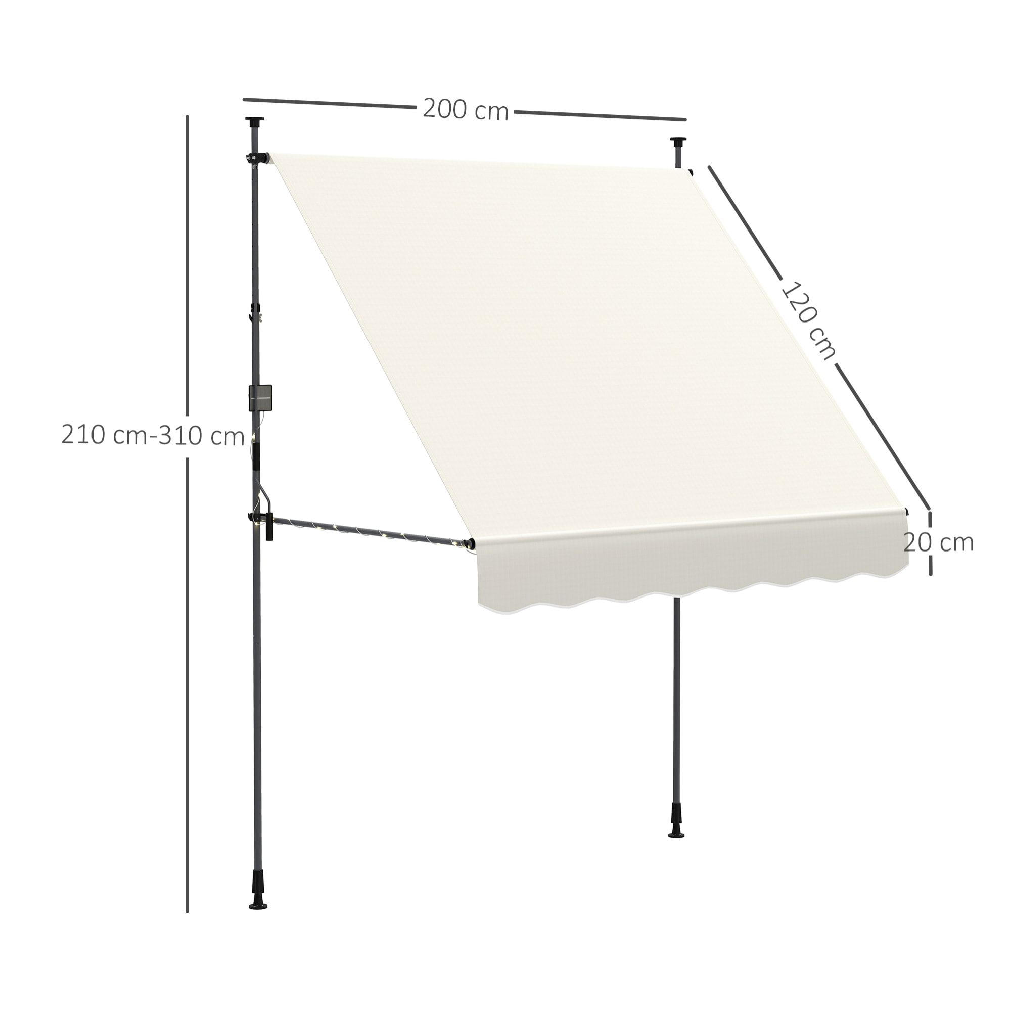 Toldo Manual Retráctil 2x1,2 m Toldo Exterior Terraza Enrollable Altura Ajustable con Manivela 210-310 cm Protección UV30+ Sin Taladro para Jardín Balcón Patio Crema