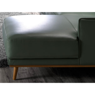 Sofá chaise longue derecha de 5 plazas tapizado en piel de origen vacuno en verde patas de madera en miel 295x160x90cm