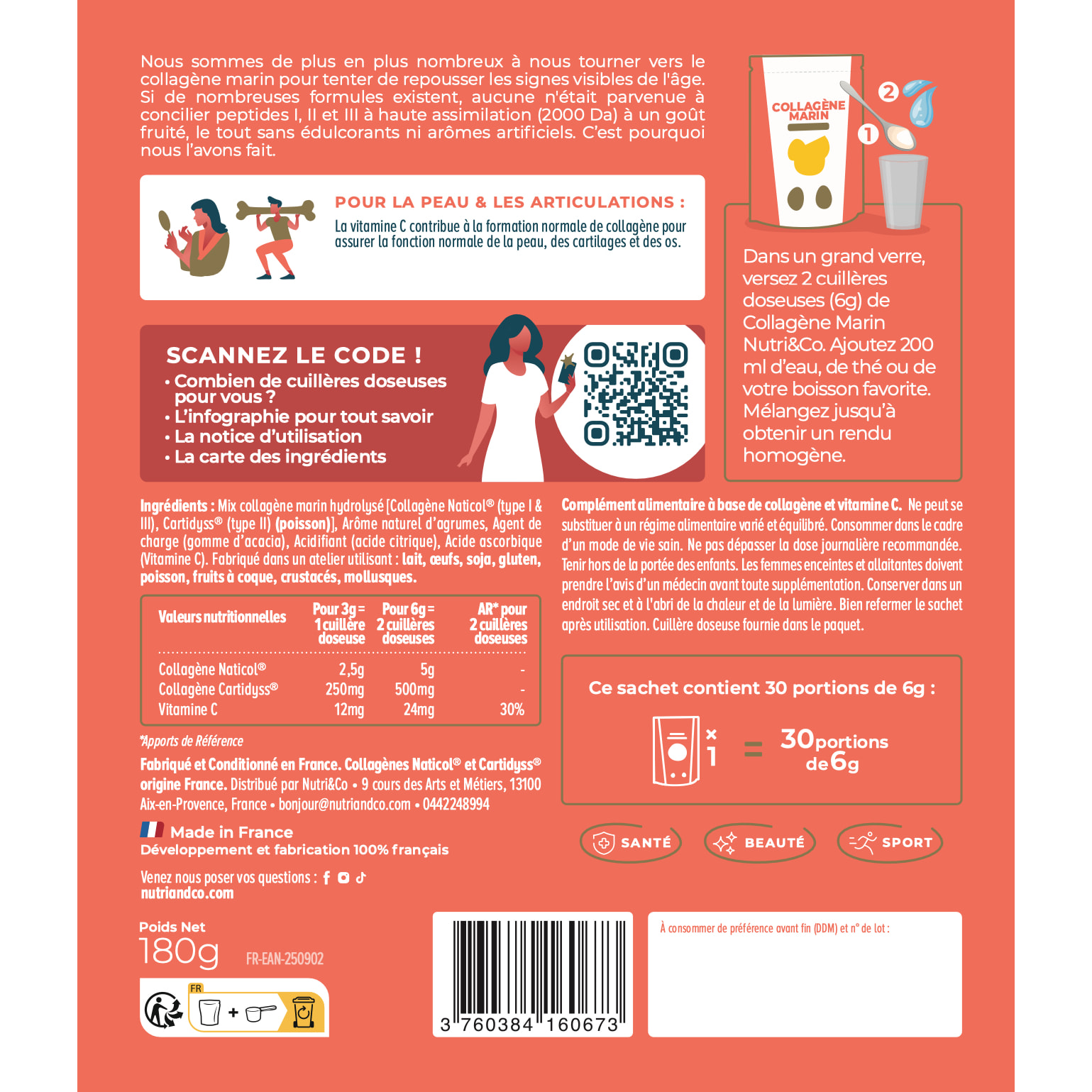 Nutri&Co Collagène Marin Type 1, 2 & 3 Peau & Articulations Goût Citron - 180g