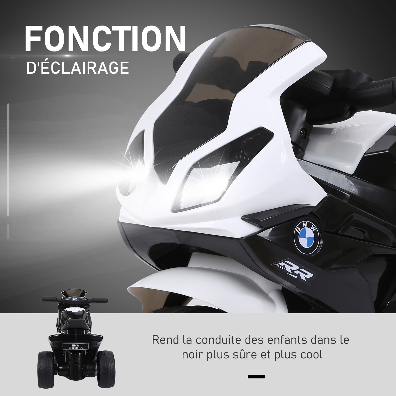 Moto électrique pour enfants 3 roues 6 V 2,5 Km/h effets lumineux et sonores noir BMW S1000 RR