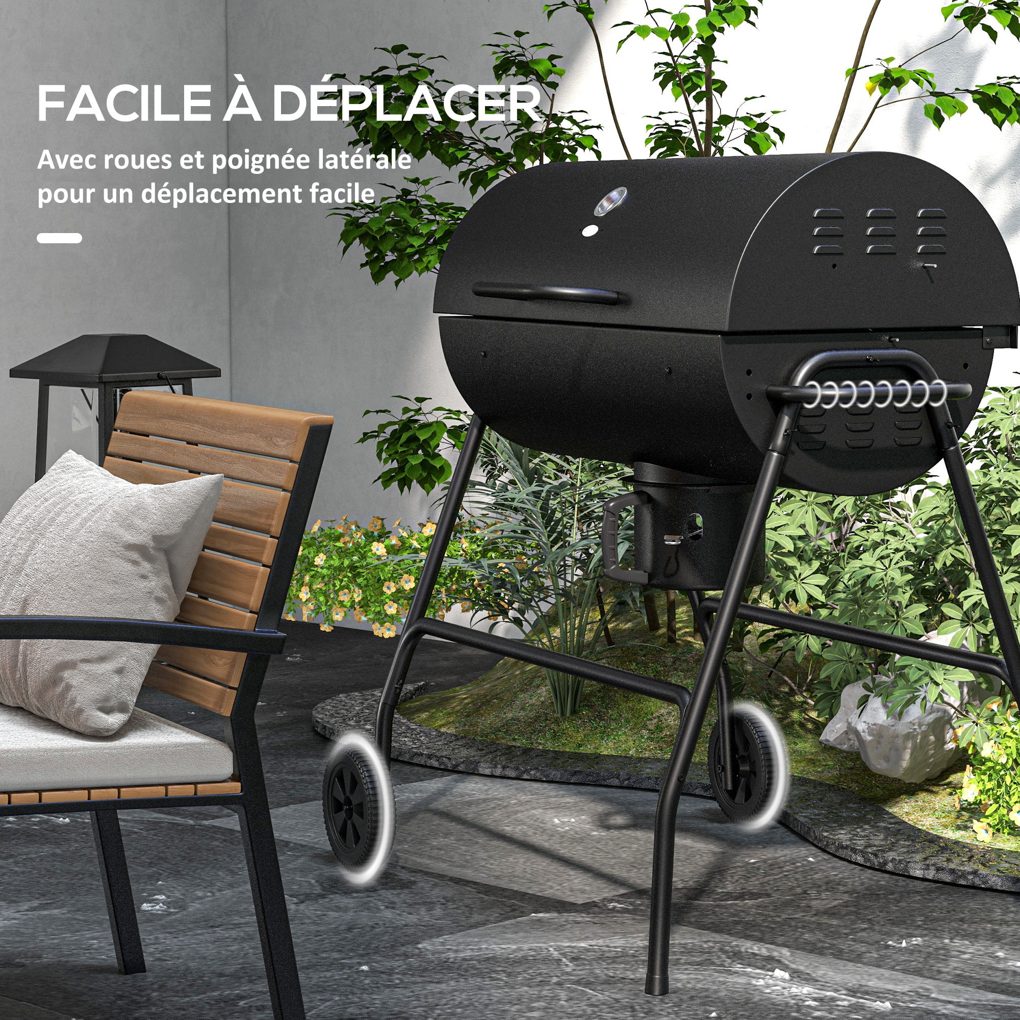 Barbecue à charbon smoker fumoir - 2 grilles, 2 roues, récupérateur cendre, thermomètre - métal noir