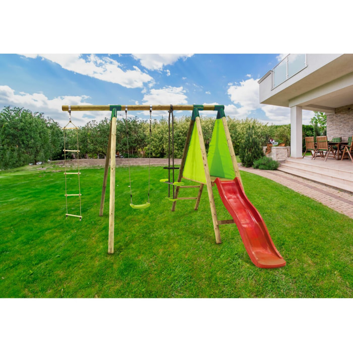 Portique Bois "Kida" - Avec 1 Toboggan - 1 Balançoire - 1 Face à face - 1 Nacelle.