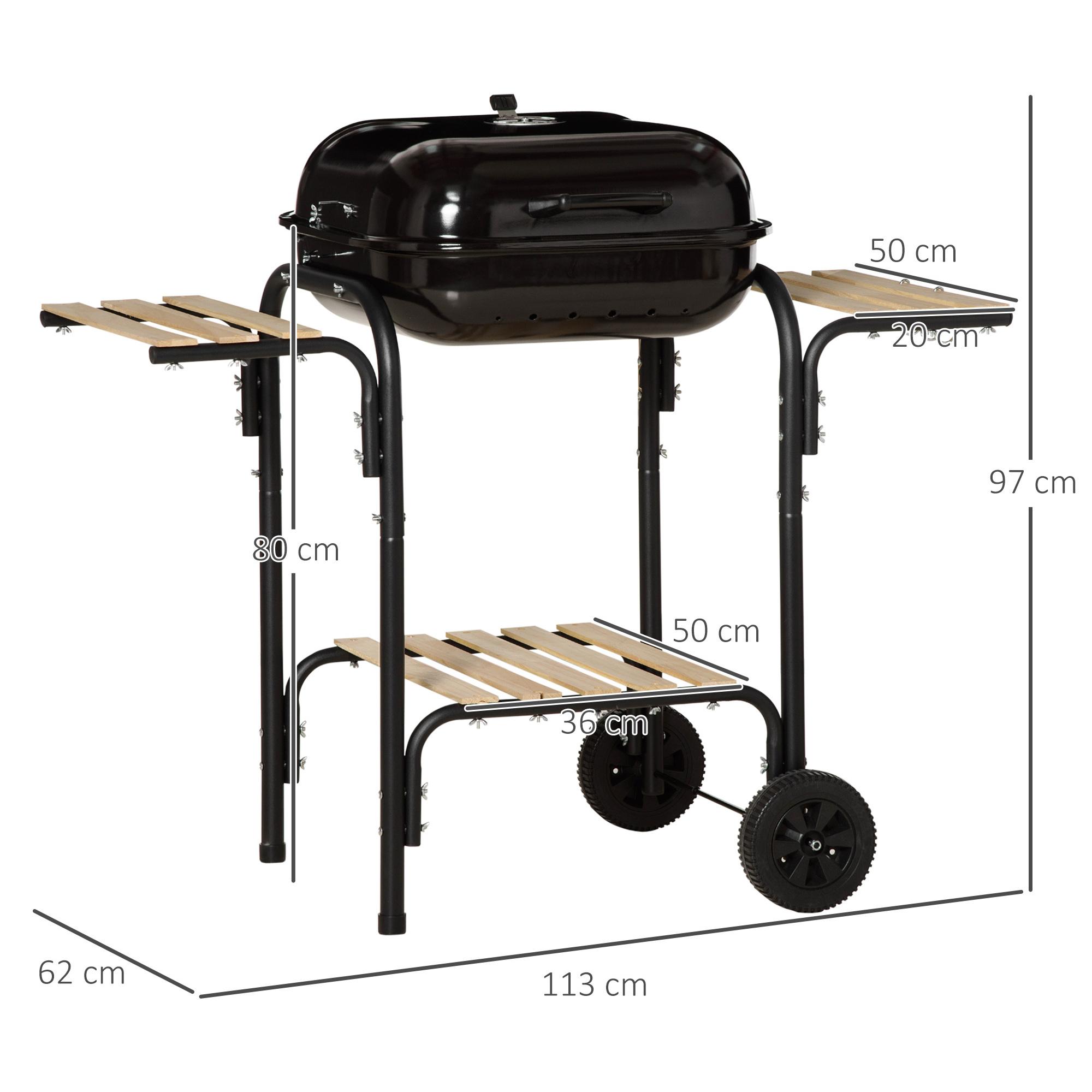 Barbecue à charbon - BBQ grill sur pied avec couvercle, roulettes - 3 étagères, 3 crochets, 3 ustensiles, 2 grilles, cuve charbon amovible - bois acier émaillé noir