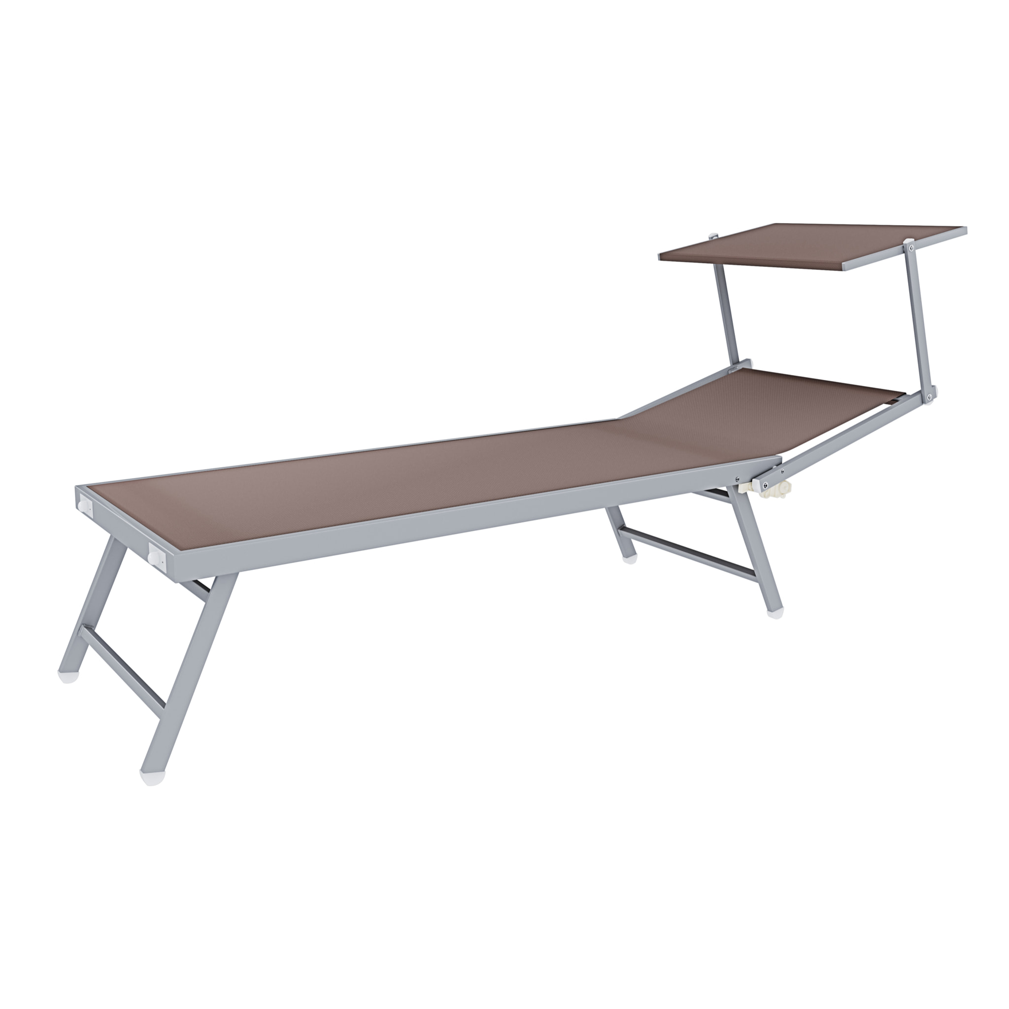 Coppia Di Lettini Prendisole Pieghevole Professionale in Alluminio e Tessuto Textilene Tettuccio Parasole Sdraio Mare Spiaggia 182x60x38 cm Tortora