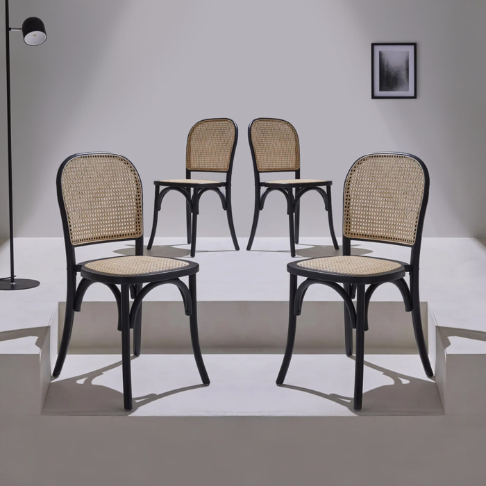 Lot de 4 chaises vintage en bois d'hévéa avec assise et dossier en rotin. coloris noir. L 44.5 x P 48 x H 89.5cm
