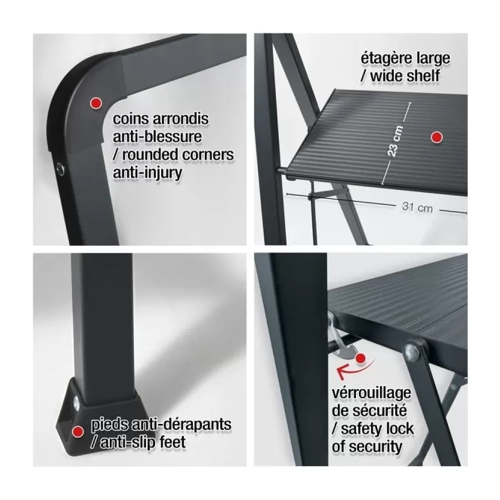 Escabeau 3 marches pliant anti-dérapant en Acier - Max 150kg (62x42,5x108cm) Noir Mat MSV