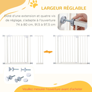 Barrière de sécurité animaux - longueur réglable dim. 74-97,5 cm - porte double verrouillage, ouverture double sens -sans perçage - acier plastique blanc