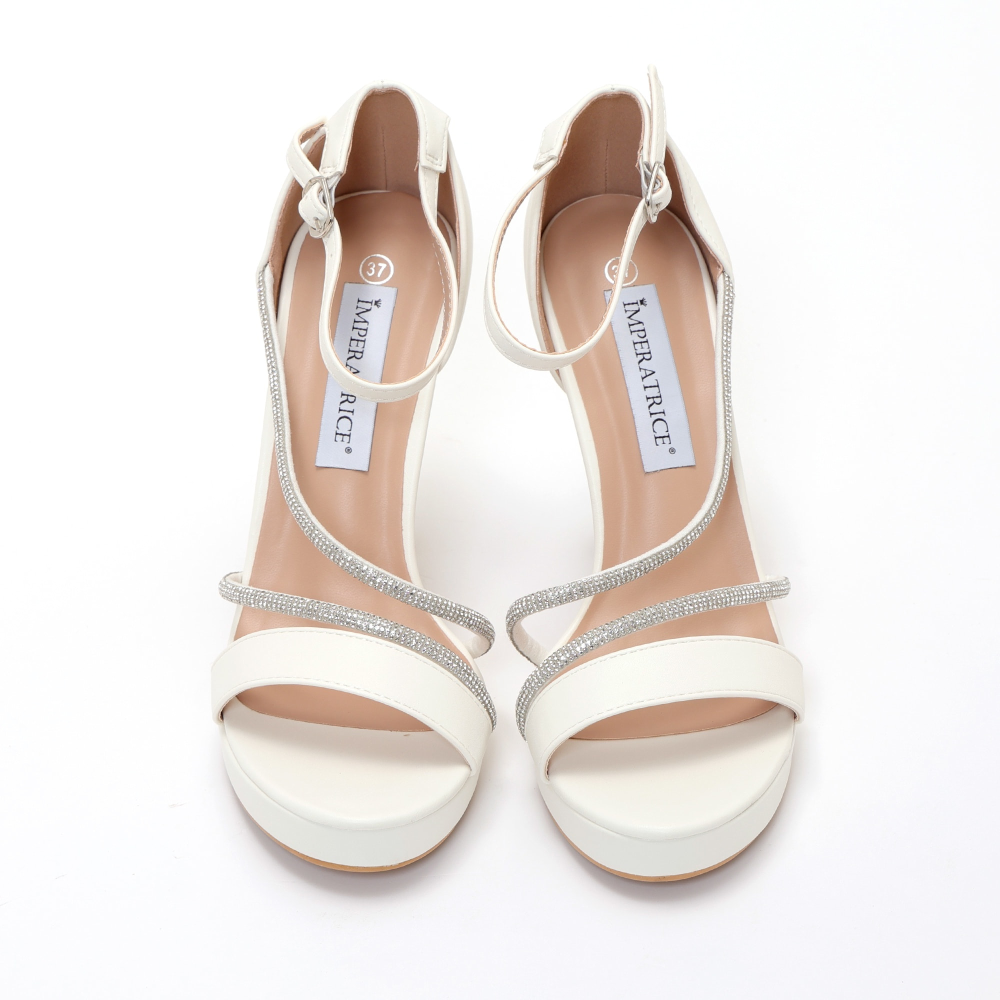 Sandali in simil pelle con tacco alto e fasce in strass