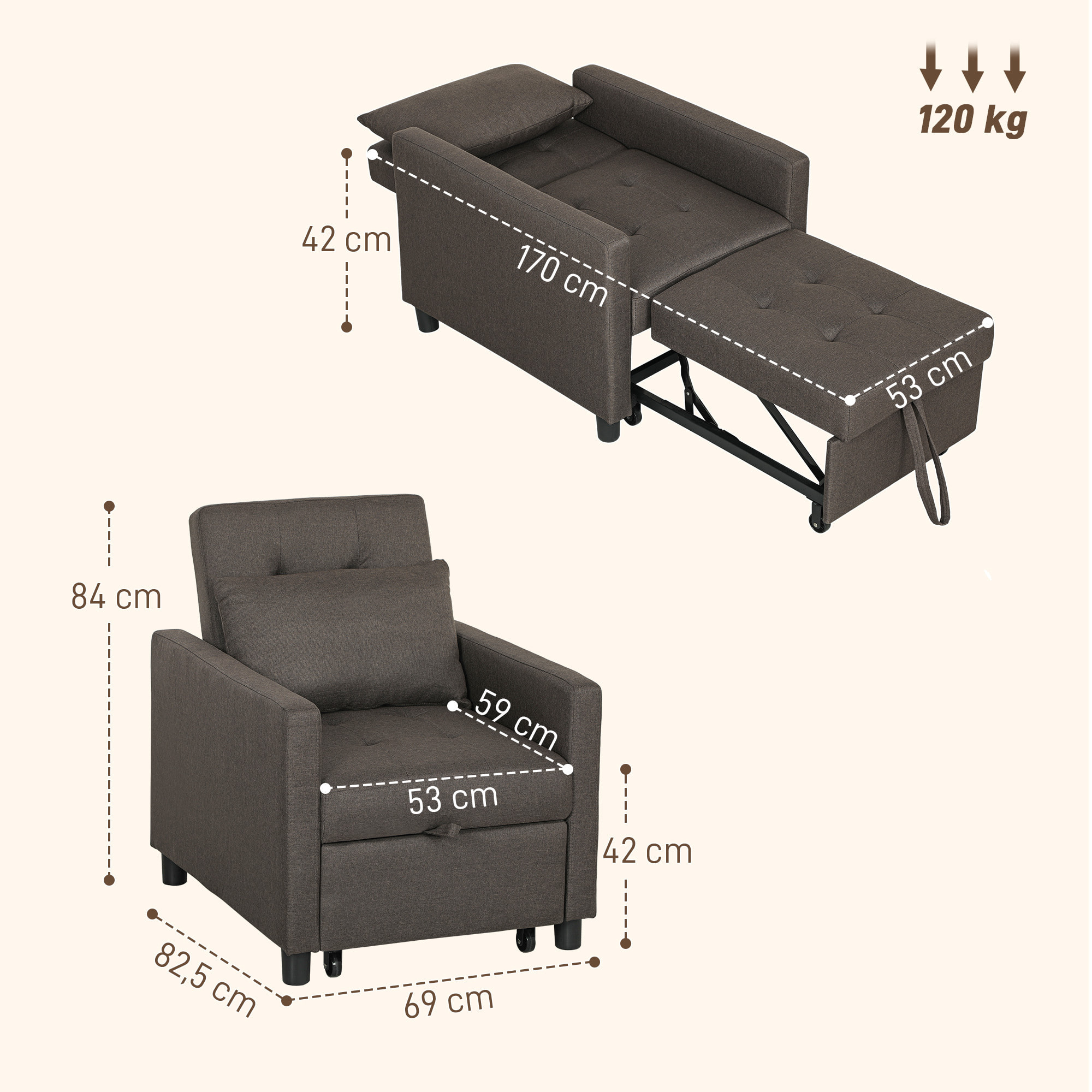 Sofá Cama de 1 Plaza 3 en 1, Sillón Cama Tapizado en Lino, con Respaldo Ajustable de 3 Niveles, Almohada Acolchada, para Oficina, Dormitorio, Salón, 69x82,5x84 cm, Marrón Oscuro