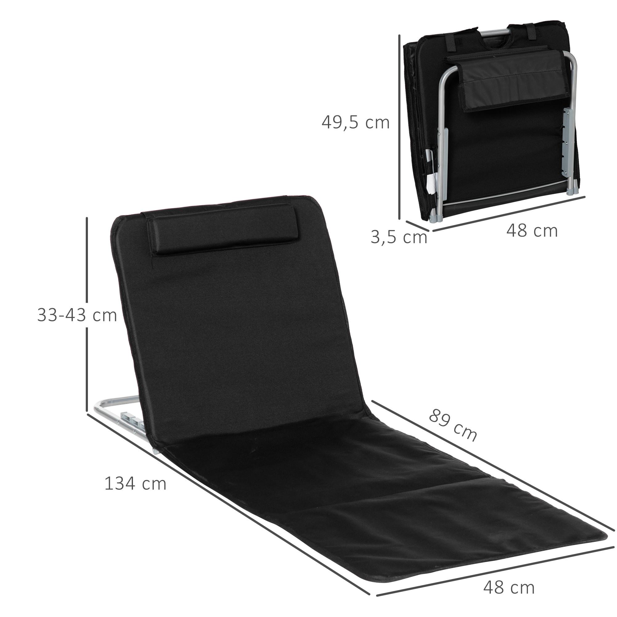 Conjunto de 2 Esterillas de Playa Plegable Esterillas con Respaldo Reclinable en 5 Niveles Reposacabezas y Bolsa de Transporte 134x48x33-43 cm Negro