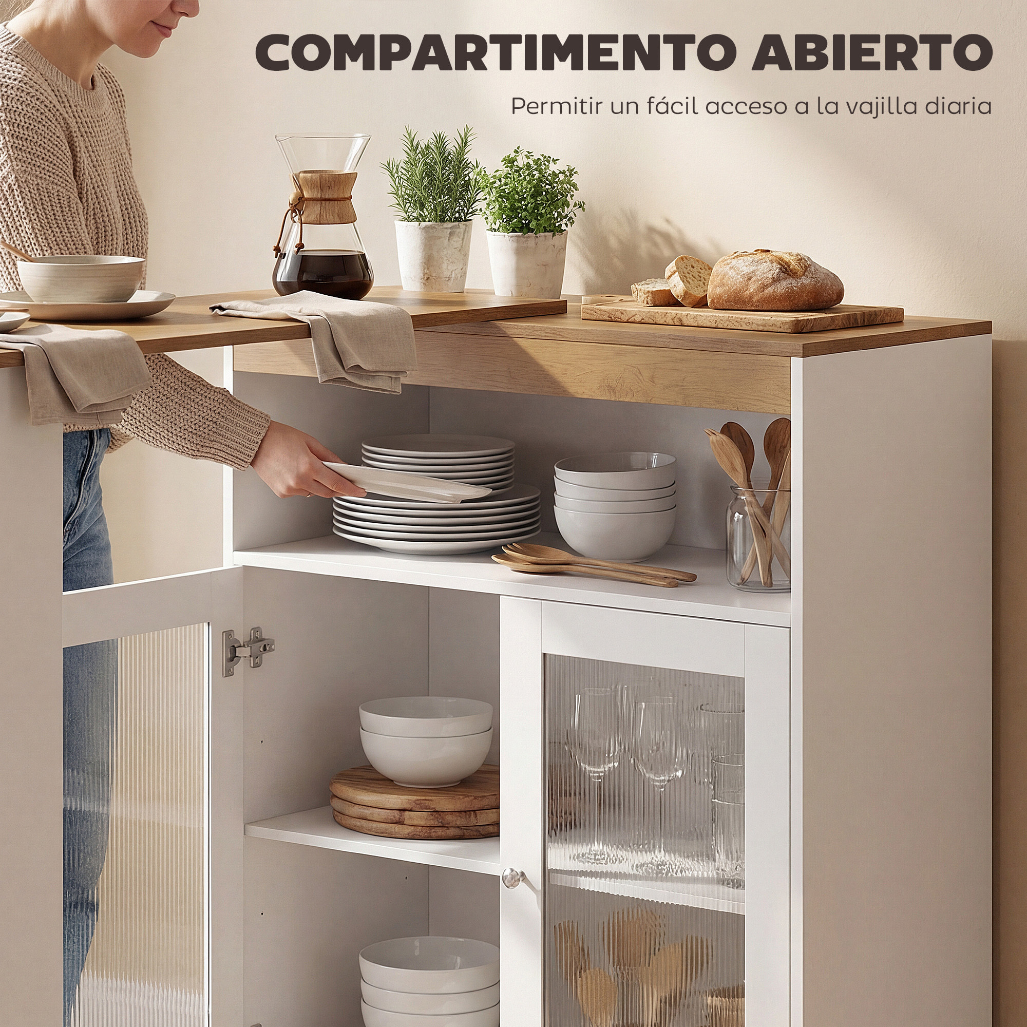 Mesa de Bar Extensible y Giratoria 90°, Mesa Alta Cocina con Estantes Abiertos y 2 Puertas de Vidrio para Comedor, 150x80x105,5 cm, Blanco y Natural