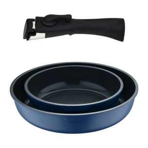 juego de 2 sartenes ø22ø26cm aluminio fundido azul + mango desmontable