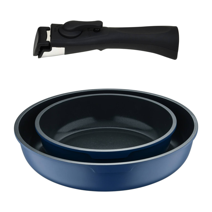 juego de 2 sartenes ø22ø26cm aluminio fundido azul + mango desmontable