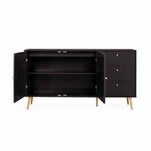 Buffet de rangement noir en cannage 2 portes 3 tiroirs. buffet bas. L150 x l39 x H79cm - Bohème