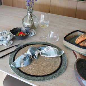 Lot de 6 sets de table en jonc de mer naturel et vert d38cm IRIS