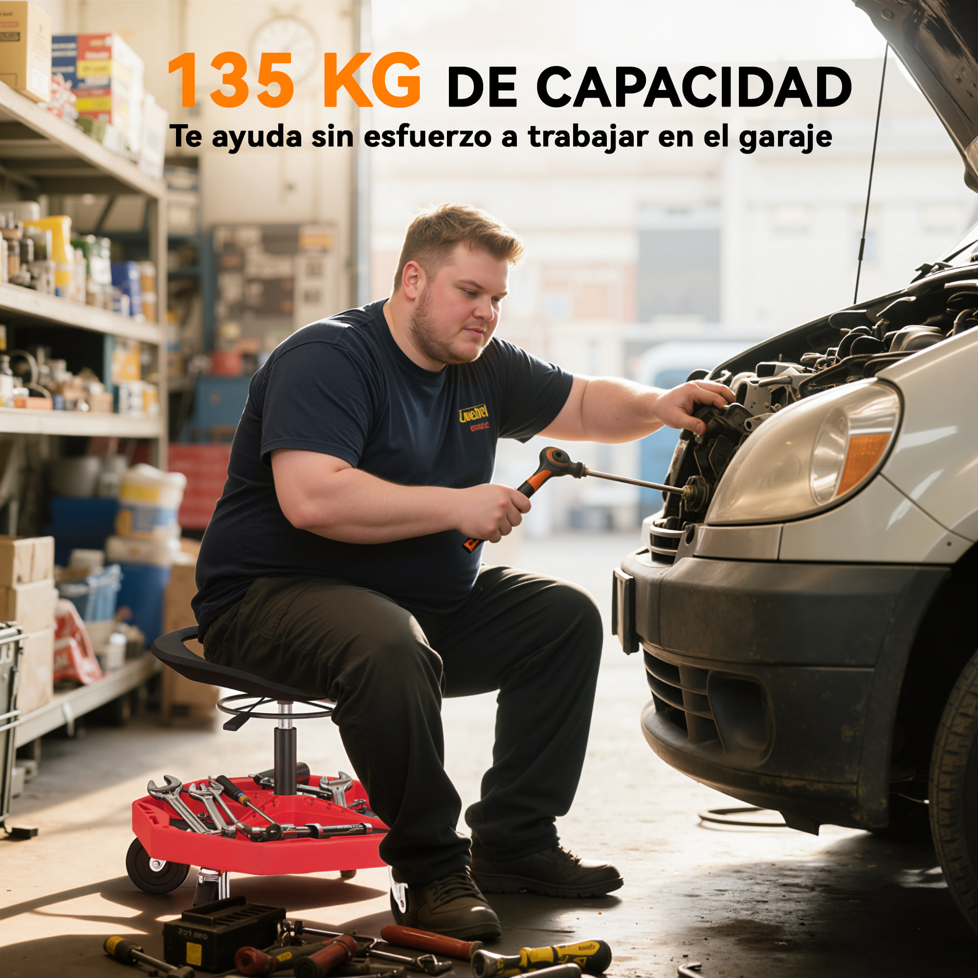 Taburete de Taller Móvil con Bandeja Magnética, Altura Ajustable de 52–59,5 cm, Carga 135 kg, Asiento Taburete para Mecánico con Ruedas, para Garaje, Reparación de Automóviles, Rojo