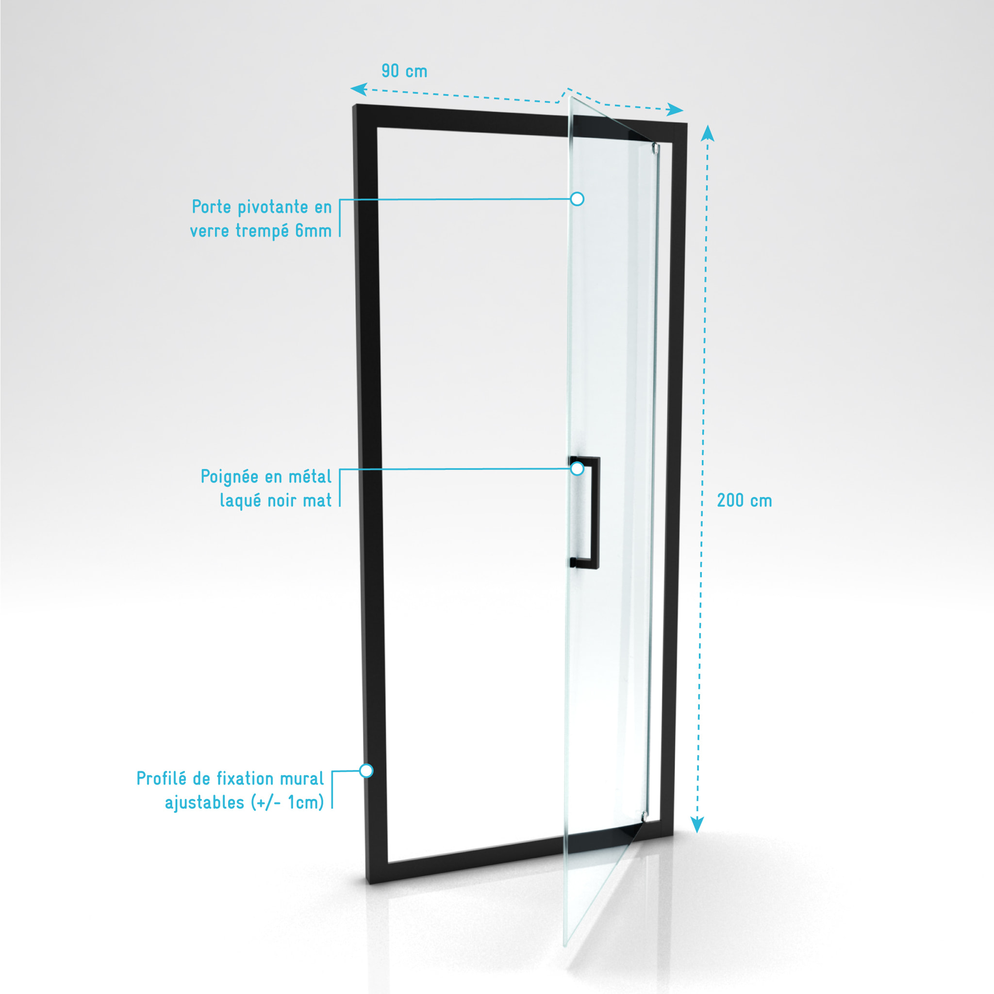 Porte de douche pivotante - 90x200 cm - Profilés Noir Mat - verre trempé 6 mm - CRUSH