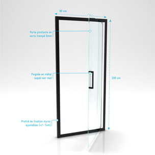 Porte de douche pivotante - 90x200 cm - Profilés Noir Mat - verre trempé 6 mm - CRUSH