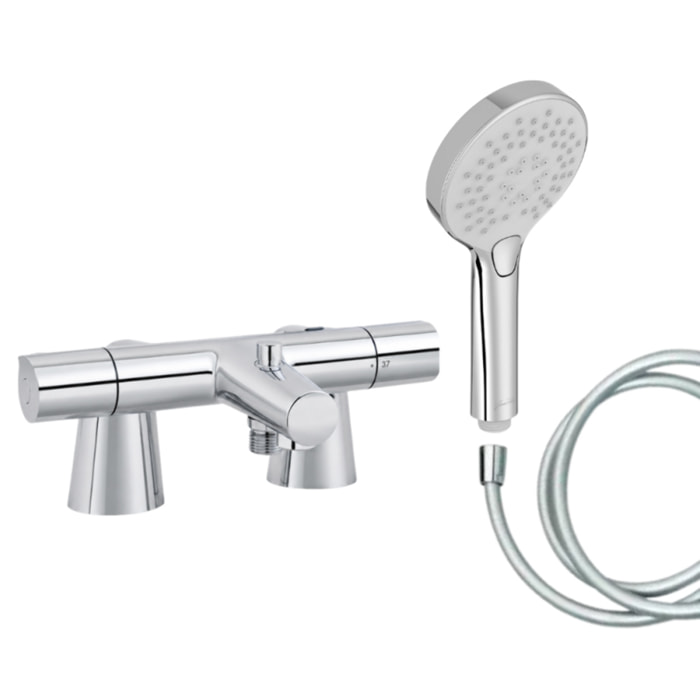 Mitigeur baignoire Simone + pommeau de douche Metro + flexible de douche lisse + colonnettes