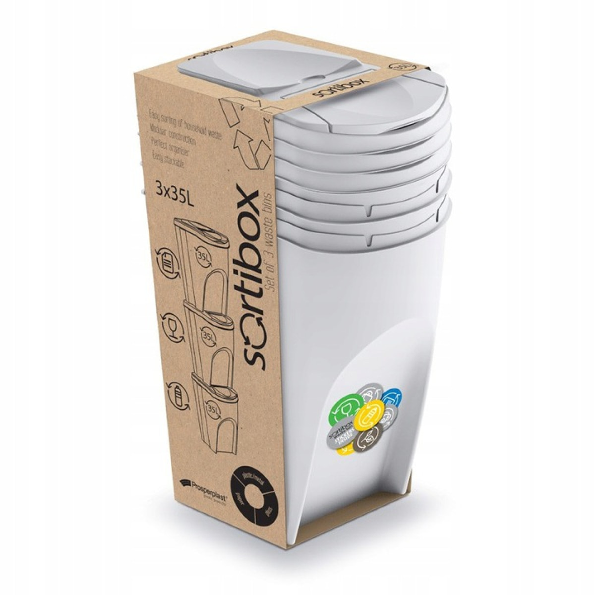 Juego de 3 cubos de reciclaje 105L Prosperplast Sortibox, blanco