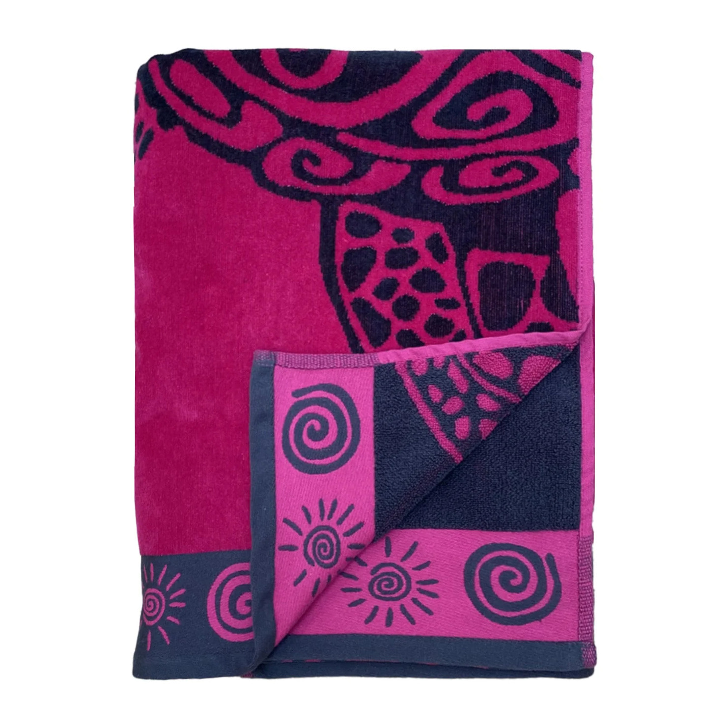 Serviette de plage éponge velours Jacquard - Fuchsia Turtle - 100x175cm - 470g/m²