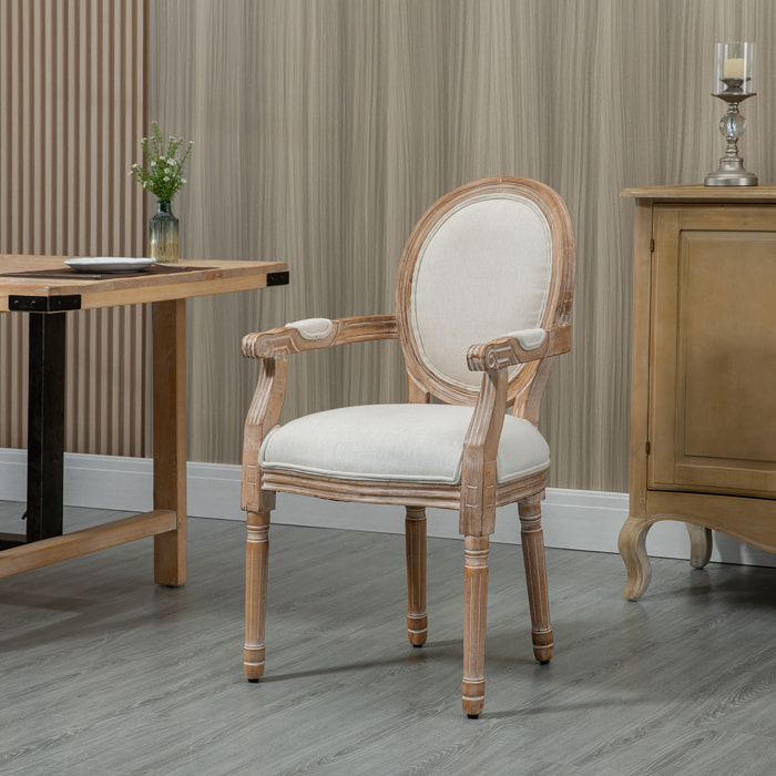 Chaise de salle à manger chaise de salon médaillon style Louis XVI bois hévéa patiné sculpté tissu beige