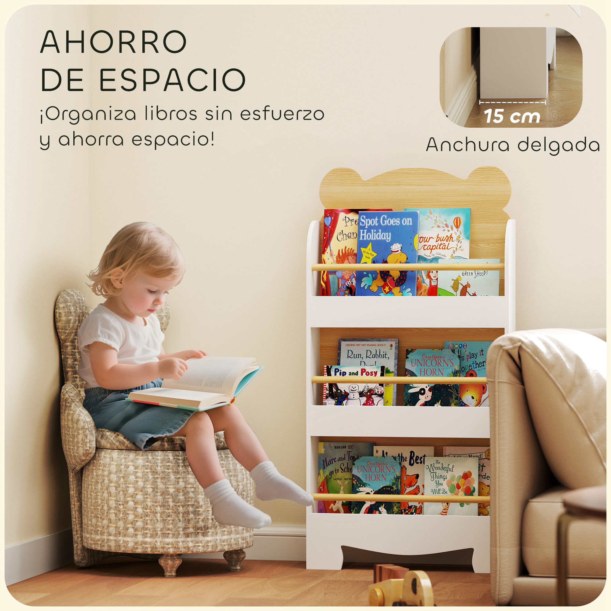 Librería Infantil de 3 Niveles Estantería para Libros Infantil Diseño de Osito para Sala de Juegos Dormitorio Guardería Natural