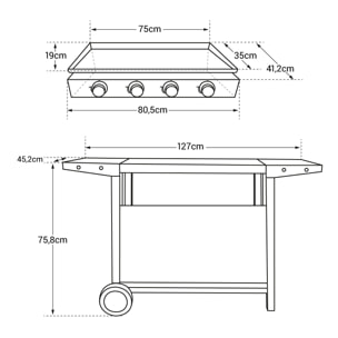 Plancha au gaz MÉRIDA 4 brûleurs + chariot
