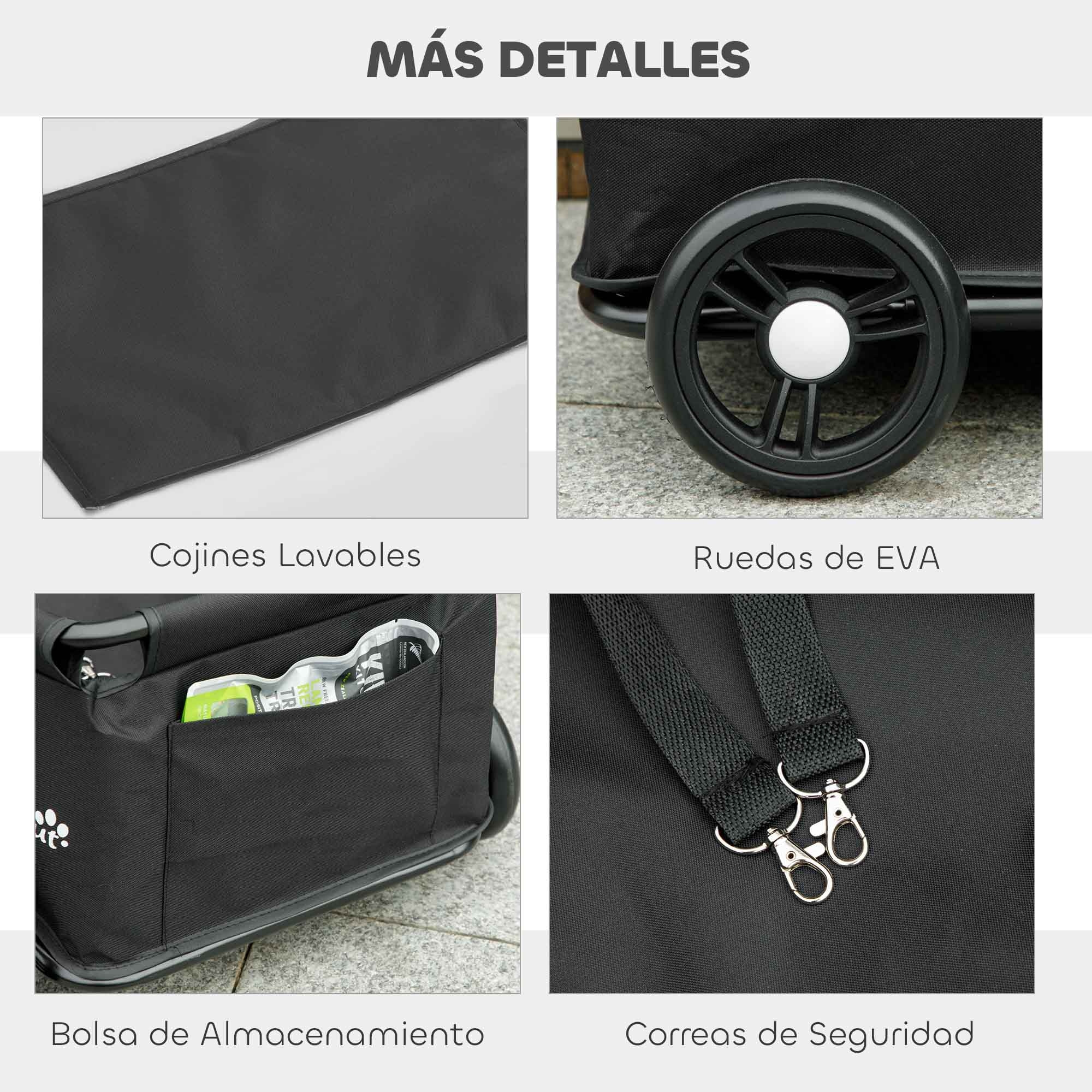 Carrito para Perros Plegable Cochecito para Mascotas Carrito para Perros Miniatura con Barra de Empuje Ajustable Diseño Abierto Cojín Bolsa de Almacenamiento y Ruedas 53x45x28 cm Negro