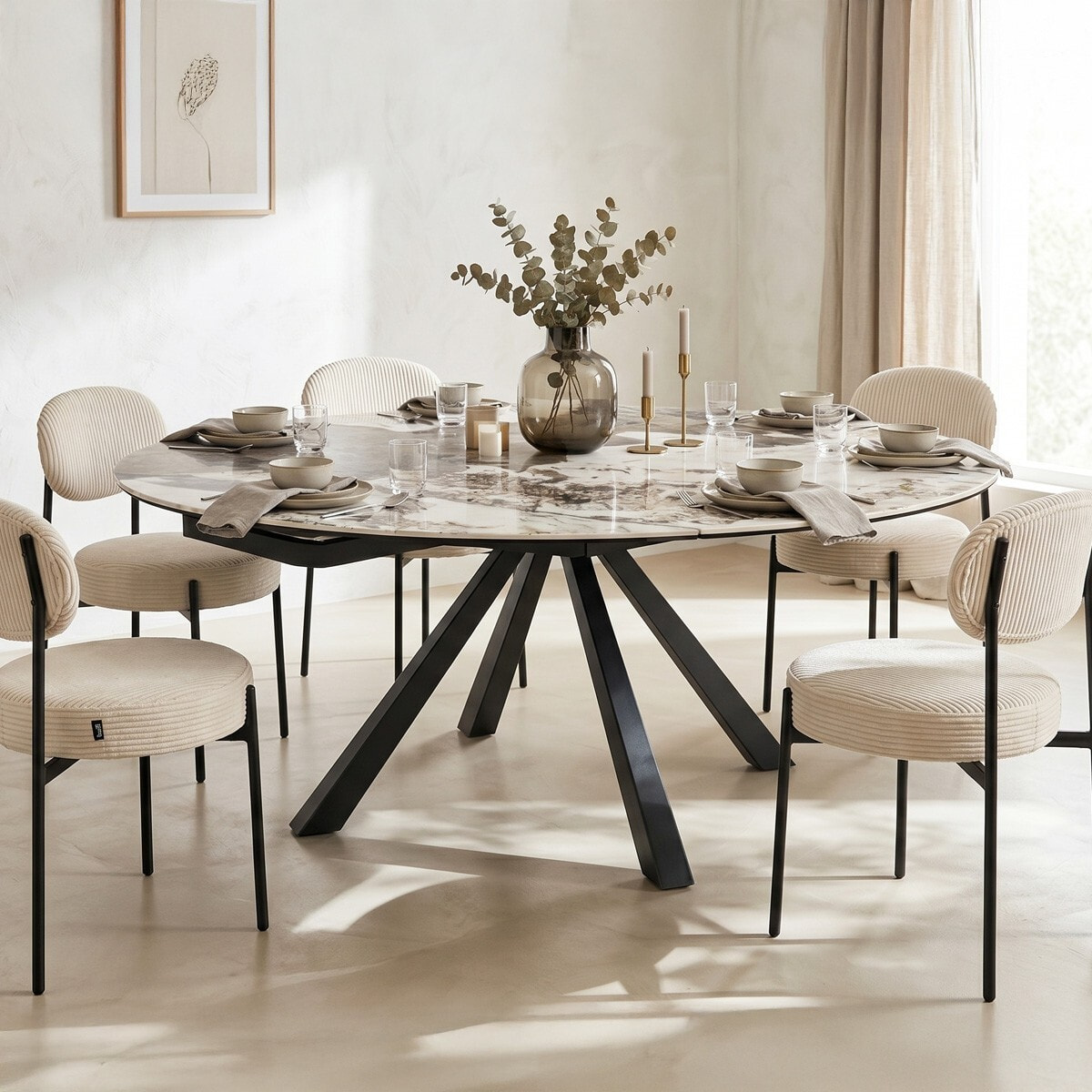 Table à manger extensible automatique 6/8 couv, céramique effet Marbre - MUGLA