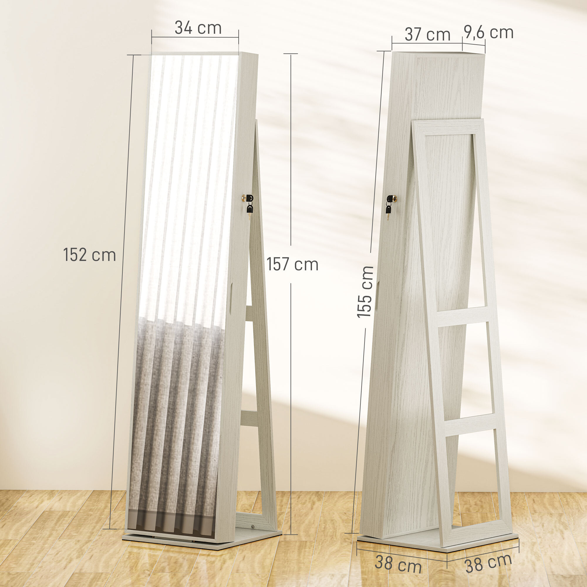 Espejo Joyero de Pie Armario Joyero con Luces LED y Cerradura Armario de Joyas con Espejo Integrada para Dormitorio Blanco con Veta de Madera