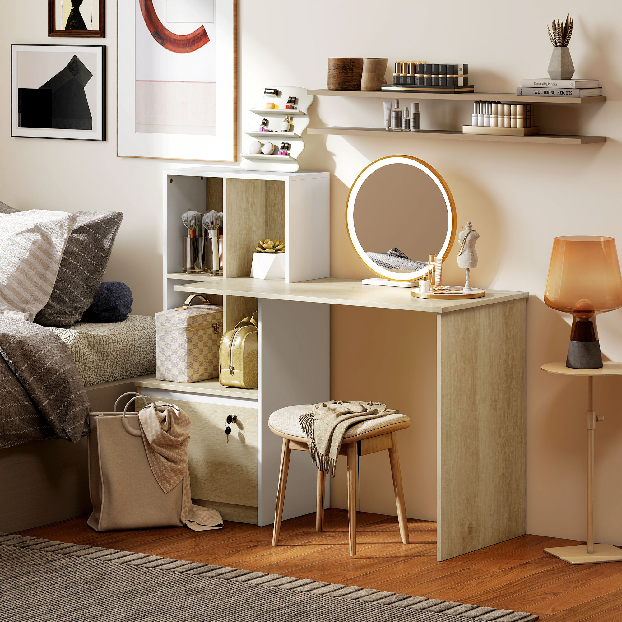 Escritorio, Mesa de Oficina con 4 Estantes y Cajón Archivador A4 con Cerradura y 2 Llaves, Mesa de Ordenador Moderna para Espacios Pequeños, Oficina en Casa, Roble