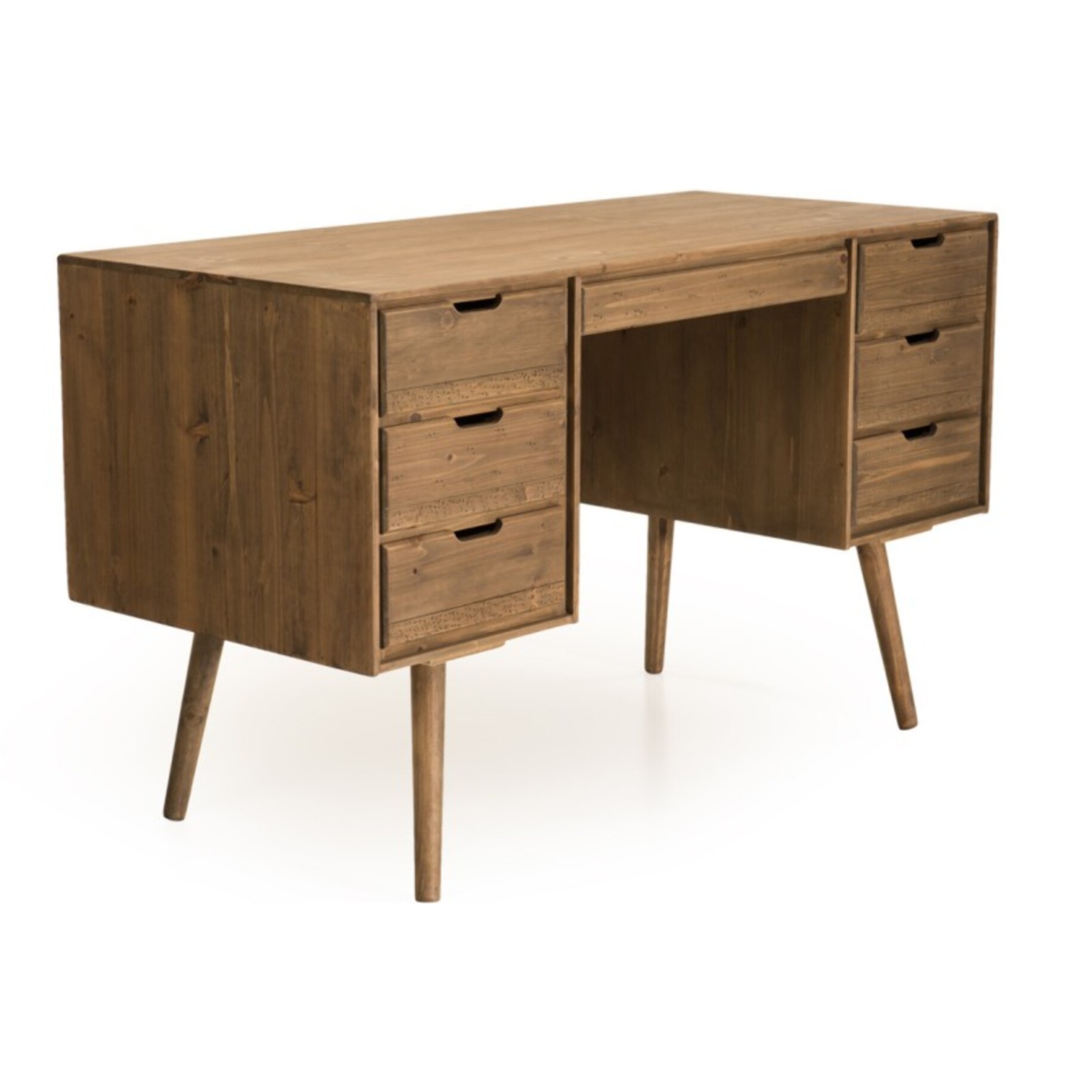 ANDY - Bureau scandi bois marron 6 tiroirs Sapin