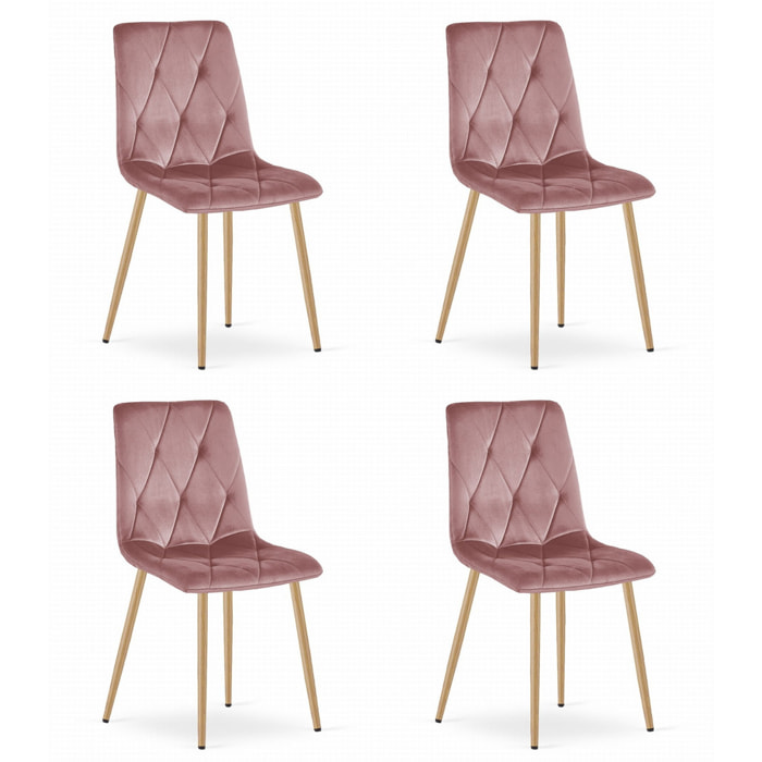 Set di 4 Sedie Libra in Velluto Rosa e Gambe Effetto Legno
