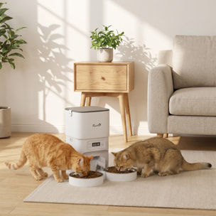 Comedero Gato Automático 4L, Dispensador Comida para Gatos/Perros con 1-6 Comidas al Día, 2 Cuencos de Acero Inoxidable, Antiatascos, 2 Fuentes de Alimentación, Fácil de Limpiar, Blanco