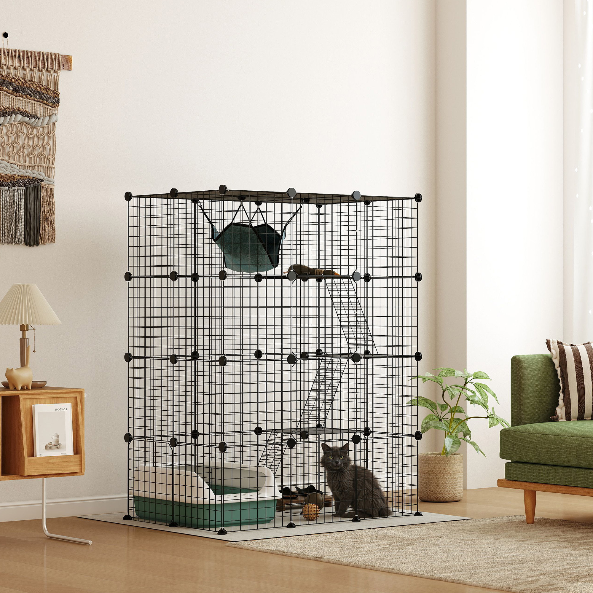 Cage chat intérieur - parc chat DIY - 4 niv. 5 portes hamac plateformes rampes - acier noir