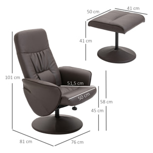 HOMCOM Sillón de Salón con Otomana Reposapiés Tapizado en PU Sillón Relax Reclinable hasta 145° y Giratorio 360° con Respaldo Ajustable para Salón Dormitorio Oficina 81x81x105 cm Marrón