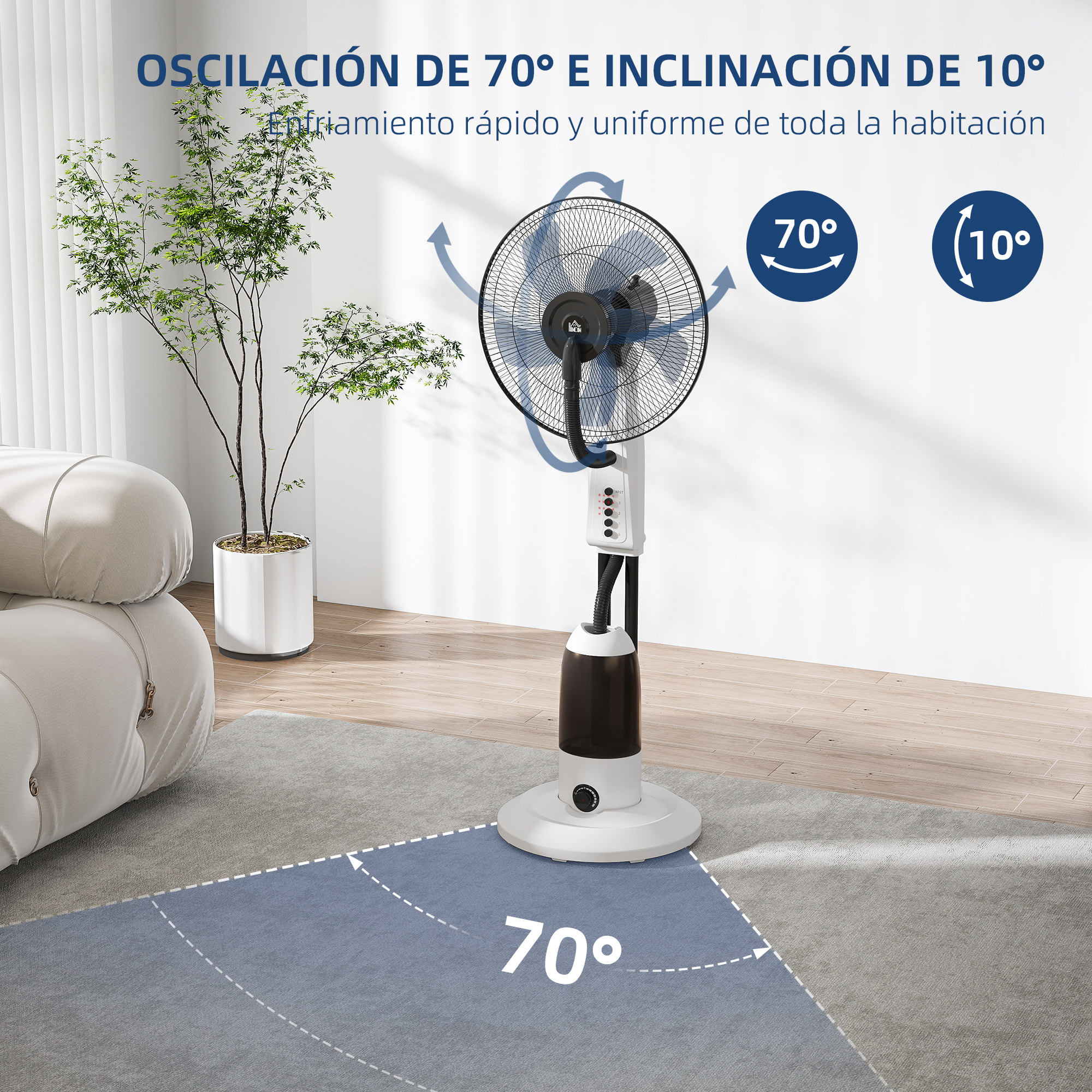 Ventilador Silencioso con Nebulización 90W, Ventilador de Pie de 120cm con 3 Velocidades, Oscilación de 70°, Cabezal Ajustable, Depósito de Agua de 2,8L, Blanco
