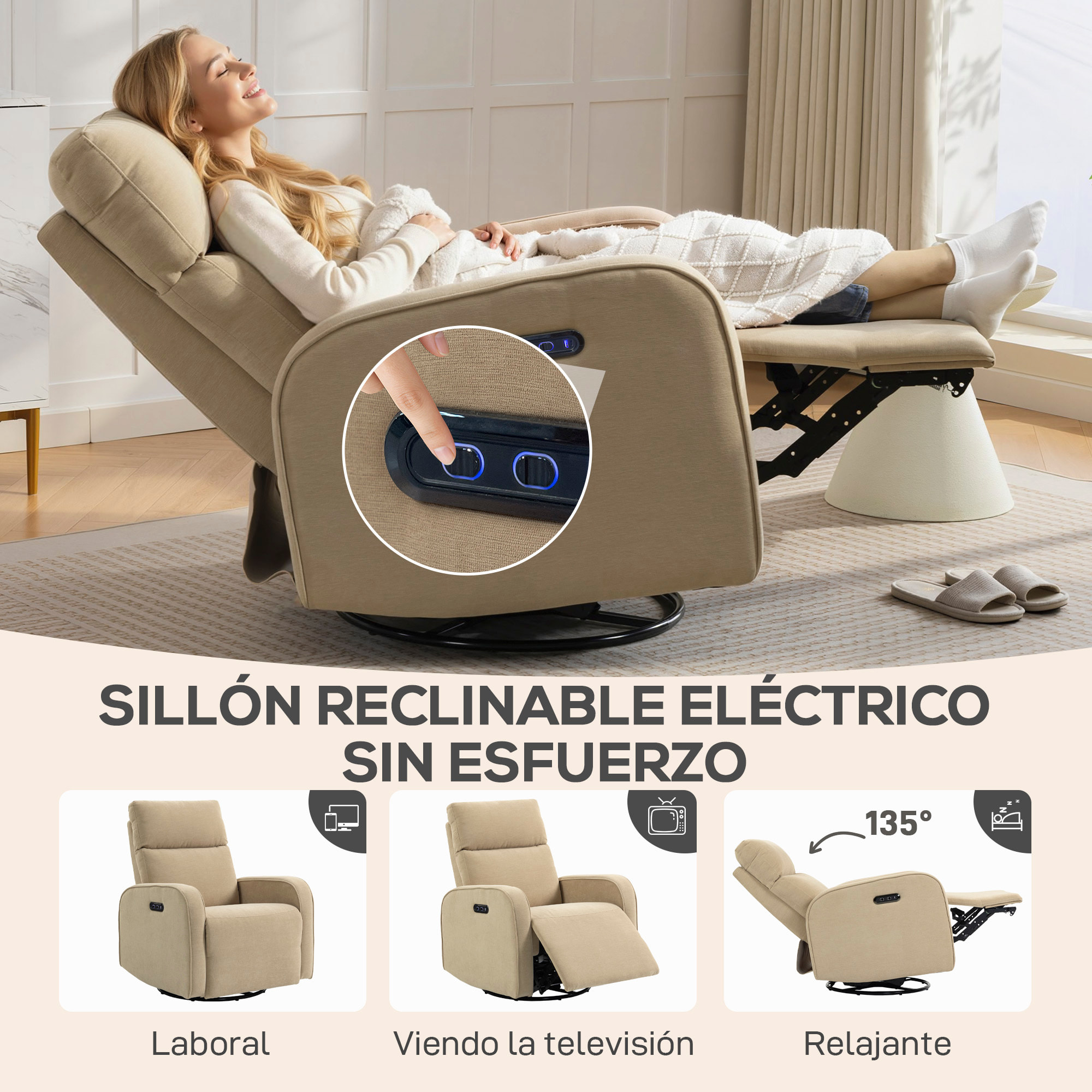 Sillón Relax Reclinable Eléctrico con Doble Motor, Sillón Reclinable de Chenilla Giratorio y Balancín con Reposacabezas Ajustable, Puertos USB y USB-C, Reposapiés, Botones Iluminados, Beige