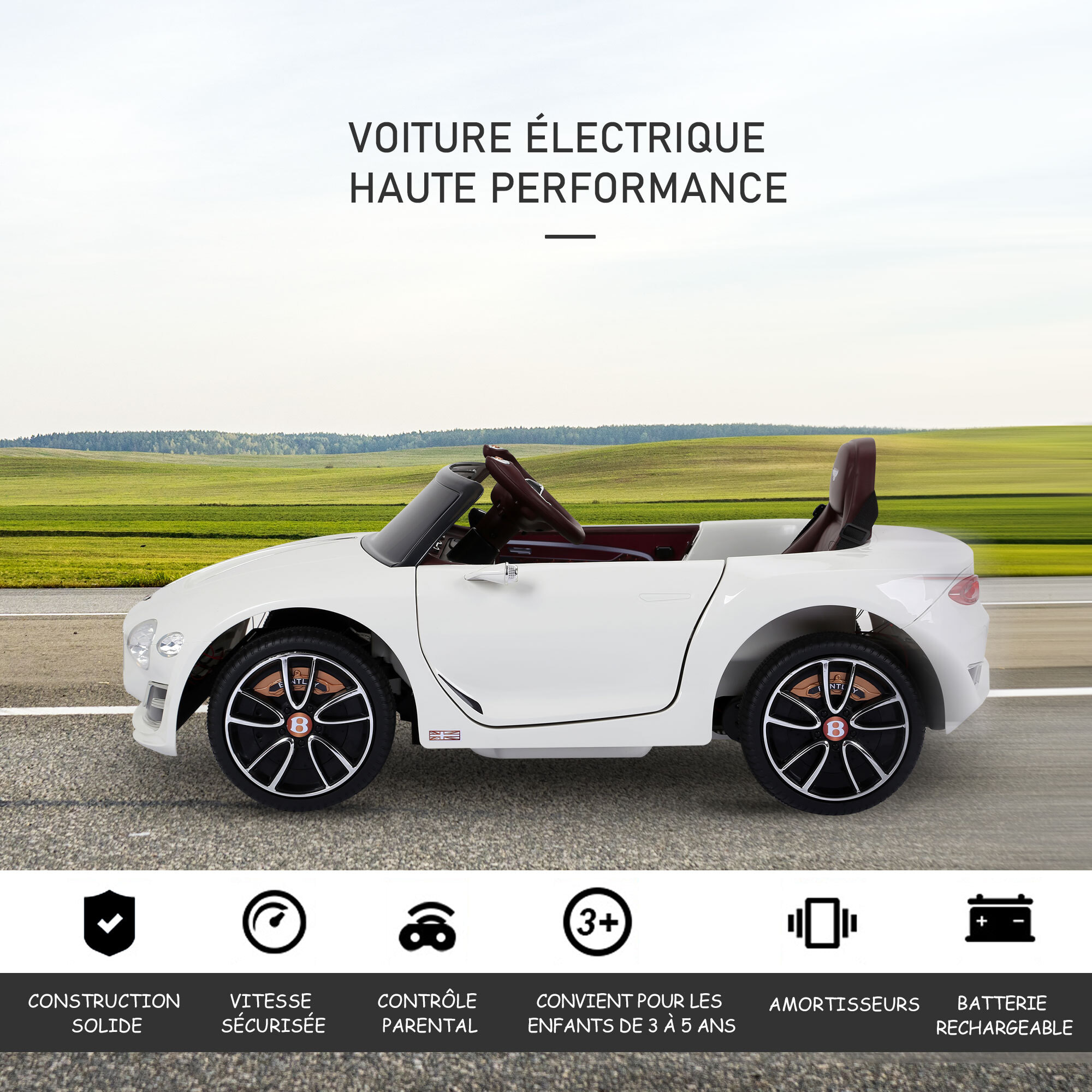 Véhicule électrique enfants 2 moteurs 108L x 60l x 43H cm télécommande effets sonores + lumineux blanc Bentley