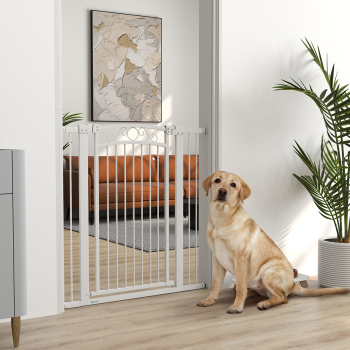 Barrera para Perros Puerta para Perros con Ancho Ajustable 76-104 cm Barrera de Seguridad para Perros con 2 Extensiones y Doble Bloqueo para Escaleras y Puertas Blanco