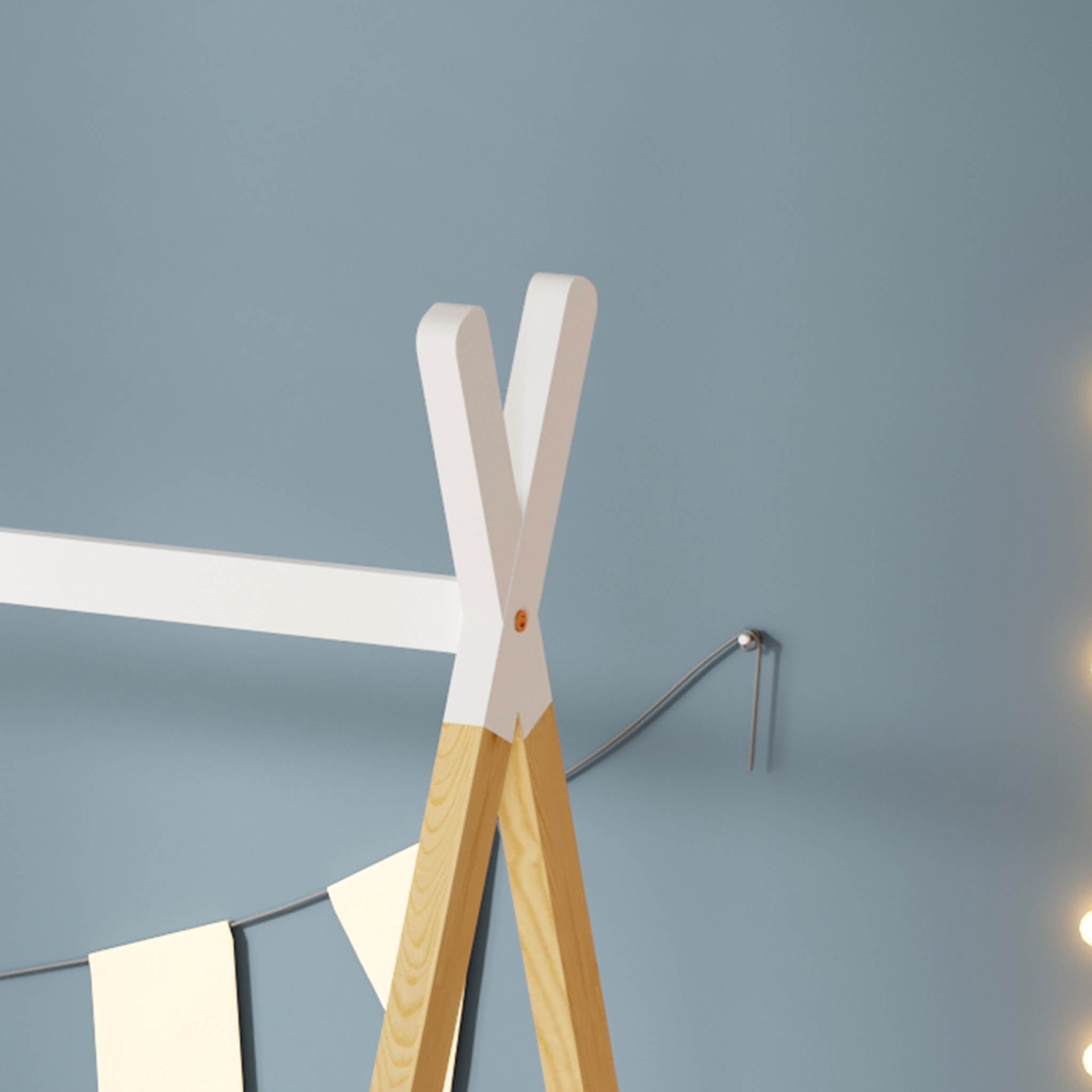 Lit Tipi 90 x 190 cm, couleur Blanc & Bois, En Bois de Pin Naturel, Robustesse et Durabilité, Stimule l'Imagination des Enfants