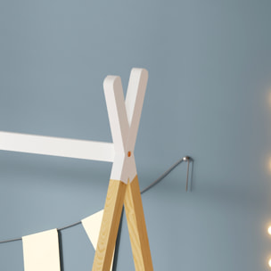 Lit Tipi 90 x 190 cm, couleur Blanc & Bois, En Bois de Pin Naturel, Robustesse et Durabilité, Stimule l'Imagination des Enfants