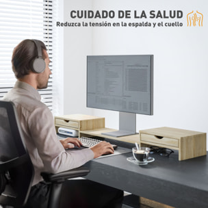 Elevador Monitor Ángulo y Longitud Ajustable, Soporte para Monitor Escritorio con 2 Cajones, para PC, Portátil, 60-116x22x12 cm, Roble
