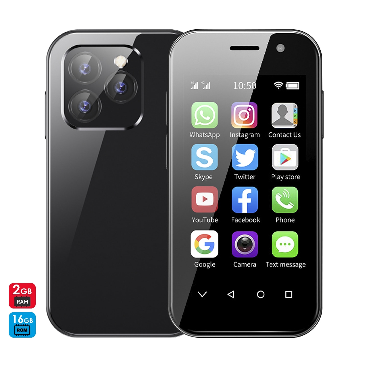 DAM Mini smartphone 14 PRO 4G, Android 9.0, 2GB RAM + 16GB. Pantalla 3''.Doble tarjeta SIM. 4,7x1,2x9,4 Cm. Color: Negro