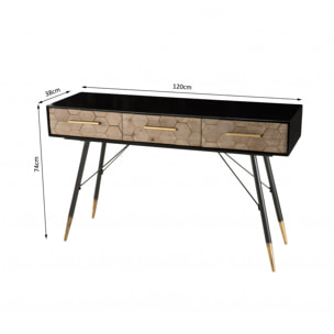 DALIE - Console noire 3 tiroirs scandi bois Sapin marqueté pieds métal doré