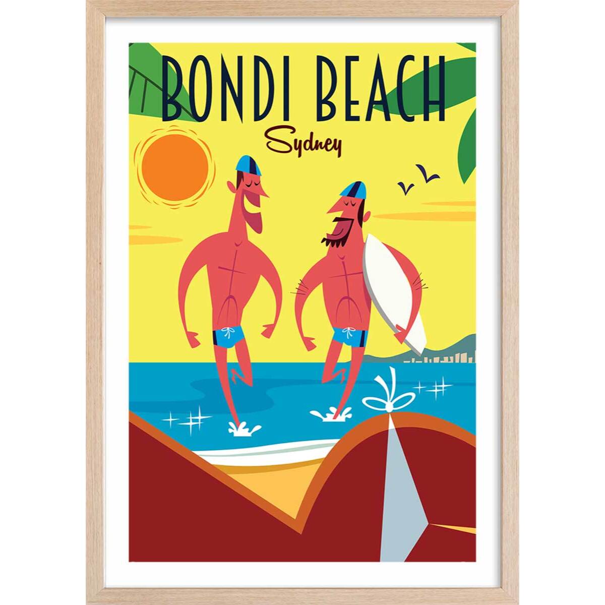 Affiche Surf à Bondi Beach Affiche + cadre en bois - Chêne