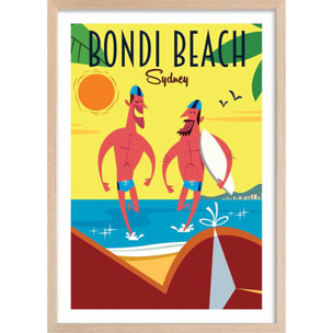 Affiche Surf à Bondi Beach Affiche + cadre en bois - Chêne