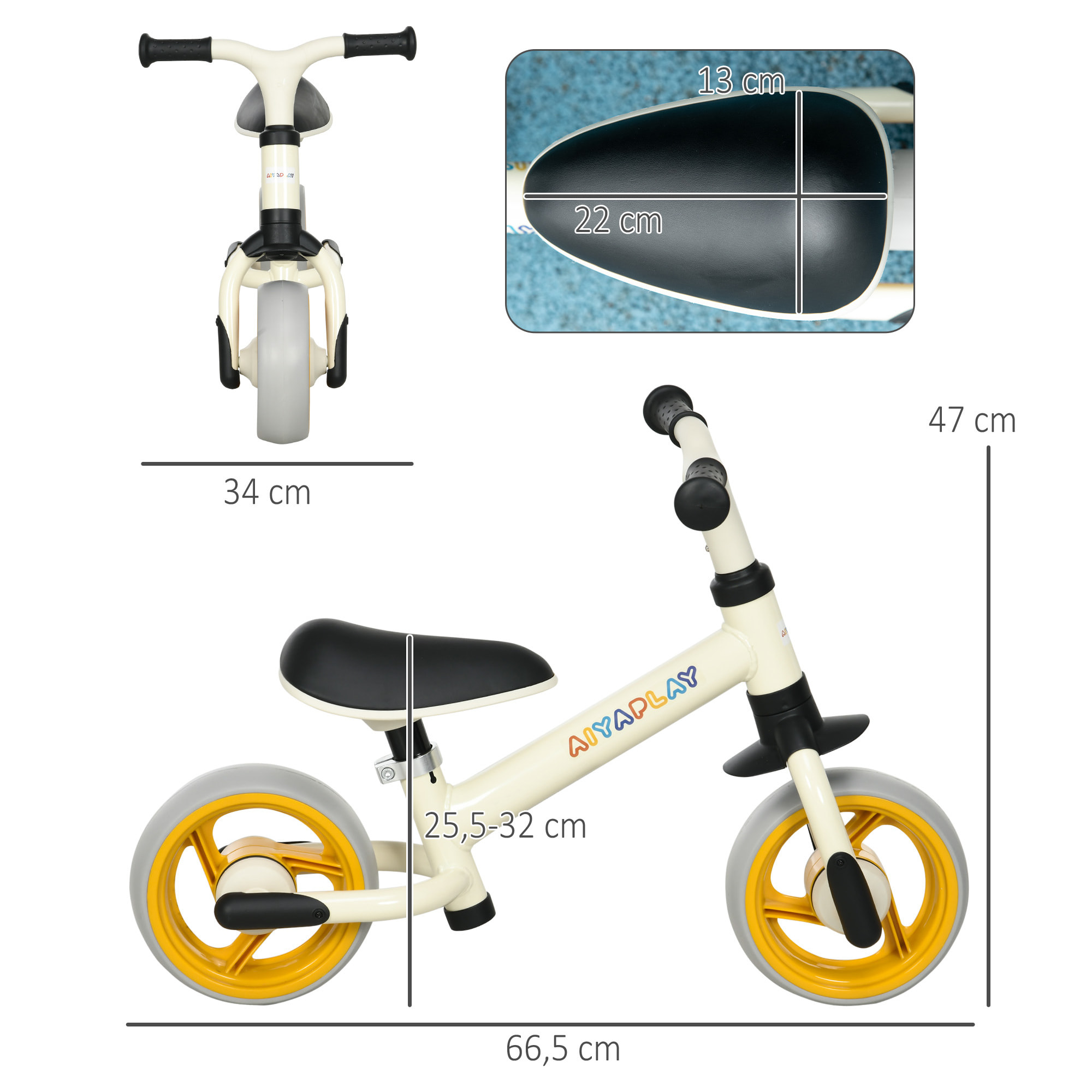 Bicicleta sin Pedales para Niños de 18-48 Meses Bicicleta de Equilibrio con Asiento Ajustable en Altura Carga 25 kg 66,5x34x47 cm Blanco y Naranja