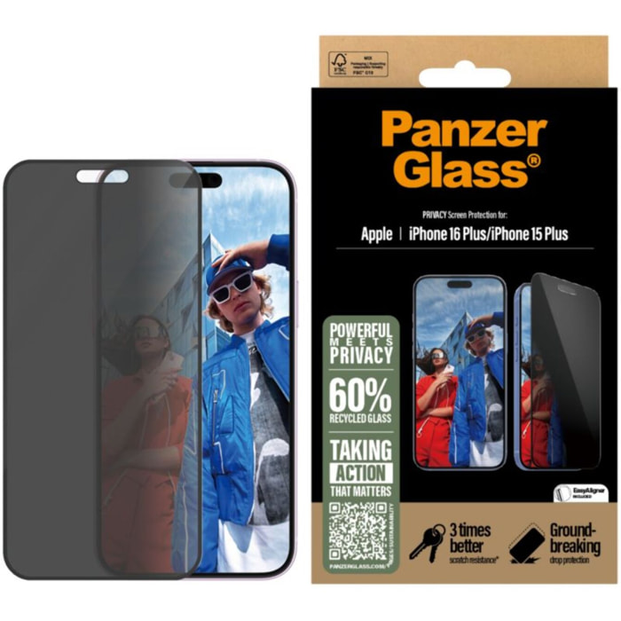 Protège écran PANZERGLASS iPhone 16 Plus Privacy verre trempé